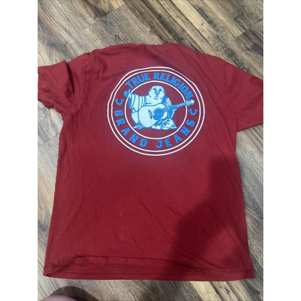 True Religion Men’s XL T Shirt Buddha Guitar Logo Graphic Red 100% Cotton